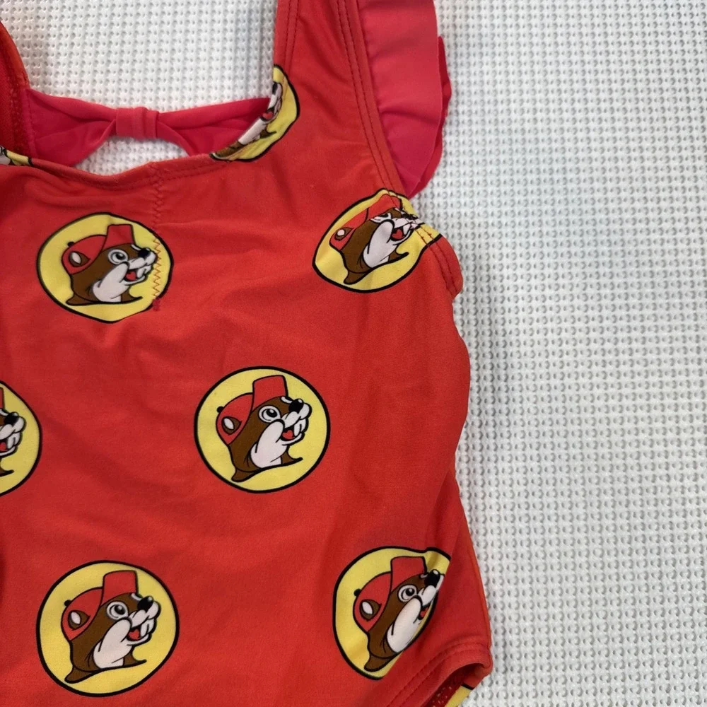 Buc-ee's Baby Swimsuit 12-18M One Piece Red Beaver Print Girls Ruffle Cute